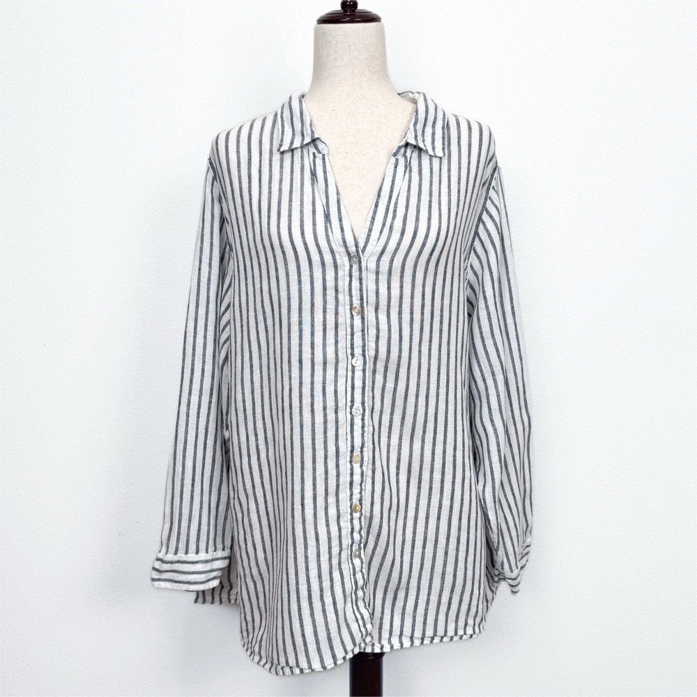 Sigrid Olsen Top Womens 3X* Plus White Black‎ Striped Button Up 100% Linen Flaw